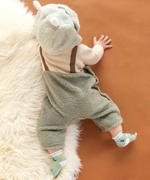 SLAP SLIP BABY（スラップスリップベビー）の「アニマルクマ恐竜モチーフぽこぽこボアカバーオールベビー(60~80cm)（ロンパース・キッズ・グリーン/ブラウン・80ｃｍ/70cm/60cm）」の5枚目の写真