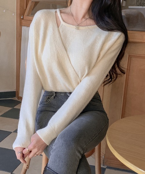 Diosfront(ディオスフロント)の「レイヤード風カシュクールニットプルオーバー(ニット/セーター・レディース・ピンク/ブラック/アイボリー/ブルーグリーン・FREE)」の10枚目の写真
