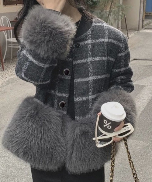 ファー切り替えチェック柄ノーカラーコート
