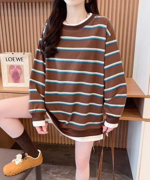 SallyLunn(サリーラン)の「レイヤードランダムボーダースウェット(スウェット・レディース・ブラウン・LARGE/MEDIUM)」の1枚目の写真