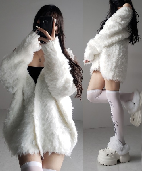 me+em select(ミームセレクト)の「【 2color 】シャギーニットビッグカーディガンミニワンピース / shaggy knit big cardigan mini onepiece ※※(カーディガン/ボレロ・レディース・ホワイト/ブラック・FREE)」の1枚目の写真