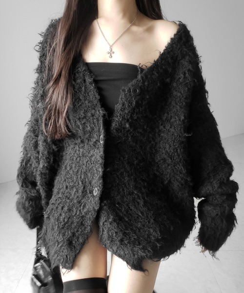 me+em select(ミームセレクト)の「【 2color 】シャギーニットビッグカーディガンミニワンピース / shaggy knit big cardigan mini onepiece ※※(カーディガン/ボレロ・レディース・ホワイト/ブラック・FREE)」の2枚目の写真