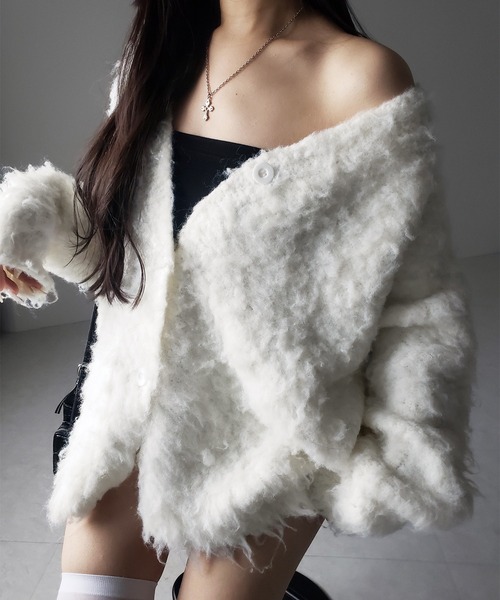 me+em select(ミームセレクト)の「【 2color 】シャギーニットビッグカーディガンミニワンピース / shaggy knit big cardigan mini onepiece ※※(カーディガン/ボレロ・レディース・ホワイト/ブラック・FREE)」の6枚目の写真