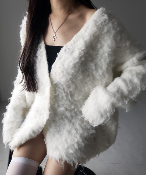 me+em select(ミームセレクト)の「【 2color 】シャギーニットビッグカーディガンミニワンピース / shaggy knit big cardigan mini onepiece ※※(カーディガン/ボレロ・レディース・ホワイト/ブラック・FREE)」の4枚目の写真
