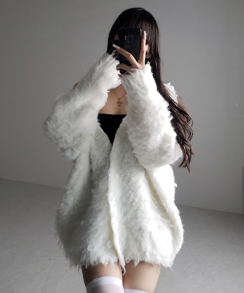 セール】【 2color 】シャギーニットビッグカーディガンミニ