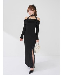 レースドッキングオフショルスリットロングワンピース