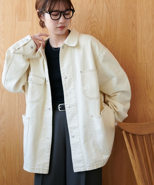 DISCOAT(ディスコート)の「【Enlude】デニムカバーオール《ユニセックス》(デニムジャケット・レディース・ネイビー/アイボリー/サックスブルー・FREE)」の4枚目の写真