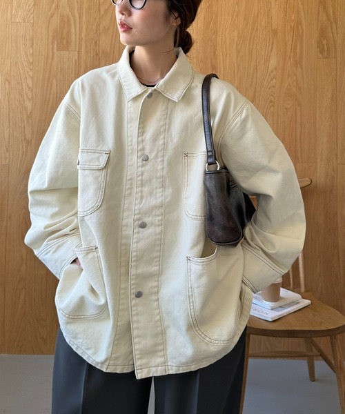 DISCOAT(ディスコート)の「【Enlude】デニムカバーオール《ユニセックス》(デニムジャケット・レディース・ネイビー/アイボリー/サックスブルー・FREE)」の8枚目の写真