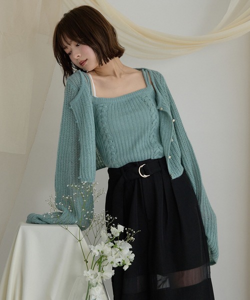 mideal スパンコールニットアンサンブル オリーブ セール】sheer knit flare ensemble / シアーニットフレアアンサンブル