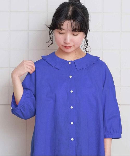 l'atelier du savon（アトリエドサボン）の「襟プリーツ綿麻ブラウス（シャツ/ブラウス・レディース・ブルー/ブラック/アイボリー/オレンジ・FREE）」の4枚目の写真