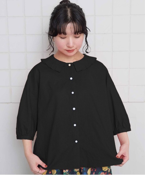 l'atelier du savon（アトリエドサボン）の「襟プリーツ綿麻ブラウス（シャツ/ブラウス・レディース・ブルー/ブラック/アイボリー/オレンジ・FREE）」の3枚目の写真