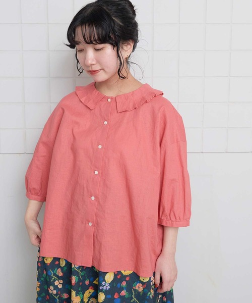 l'atelier du savon（アトリエドサボン）の「襟プリーツ綿麻ブラウス（シャツ/ブラウス・レディース・ブルー/ブラック/アイボリー/オレンジ・FREE）」の11枚目の写真