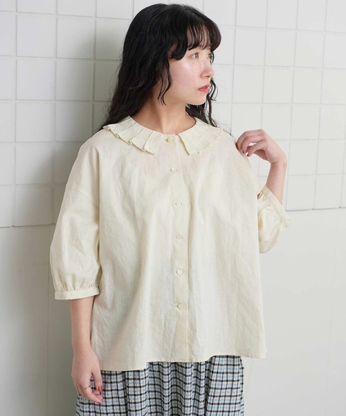 l'atelier du savon（アトリエドサボン）の「襟プリーツ綿麻ブラウス（シャツ/ブラウス・レディース・ブルー/ブラック/アイボリー/オレンジ・FREE）」の21枚目の写真