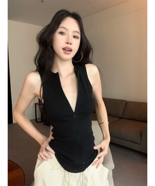 Ritzy(リッツィー)の「ジップアップノースリーブトップス(Tシャツ/カットソー・レディース・グレー/ブラック・L/M)」の1枚目の写真