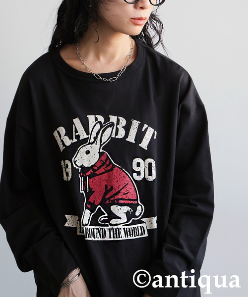 antiqua(アンティカ)の「長袖 綿100% アニマル柄 プリント ロンT(Tシャツ/カットソー・レディース・杢グレー/ブラック/カーキ/ネイビー/ホワイト・P/R)」の2枚目の写真