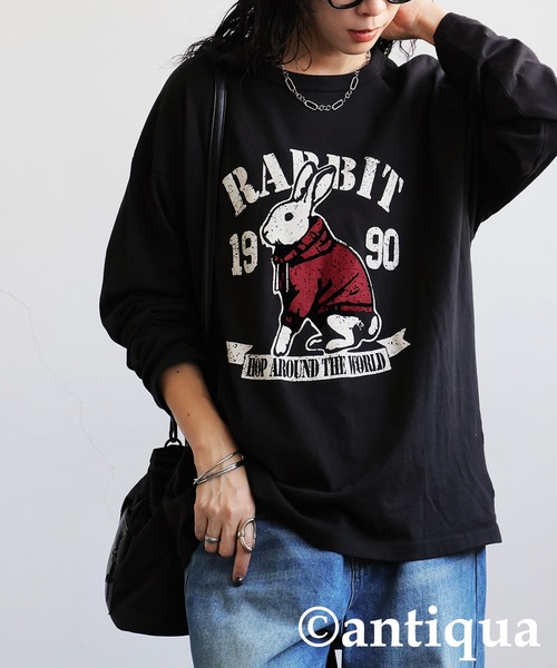 antiqua(アンティカ)の「長袖 綿100% アニマル柄 プリント ロンT(Tシャツ/カットソー・レディース・杢グレー/ブラック/カーキ/ネイビー/ホワイト・P/R)」の19枚目の写真