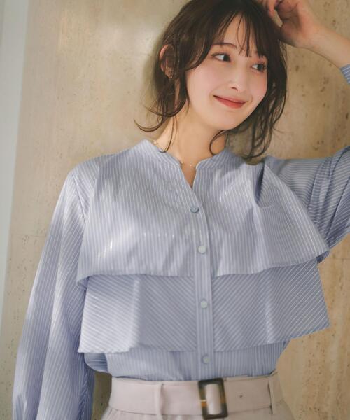 index(インデックス)の「フリルキーネックシャツ【洗濯機OK/イージーアイロン/防シワ】《XS~LL/7col》(シャツ/ブラウス・レディース・ベージュ系その他6/ピンク系3/サックスブルー系2/オフホワイト/ホワイト系9/ネイビー系5/ライトグリーン系・36/38/40/34/42)」の8枚目の写真