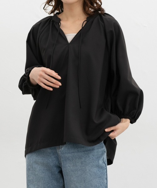 超美品　ハウスオブロータス　スキッパーオーバーブラウス　刺し子　M　黒　クルタ 8分袖マオスキッパーブラウス（シャツ/ブラウス）｜Honeys（ハニーズ