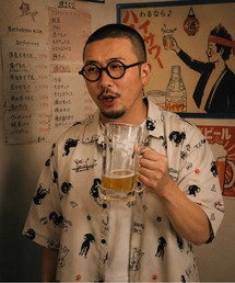 総柄アニマルプリントシャツ オープンカラーシャツ イヌ ネコ