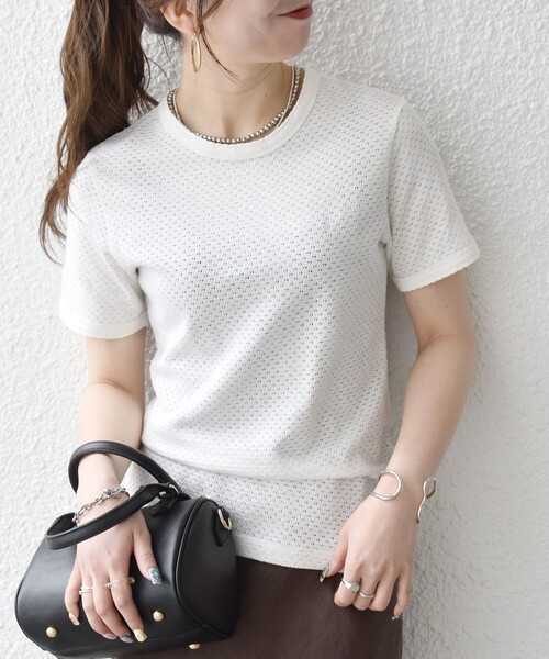 レース付きホワイト半袖Tシャツ SHIPS any:〈洗濯機可能〉透かし レース 半袖 クルーネック Tシャツ（T