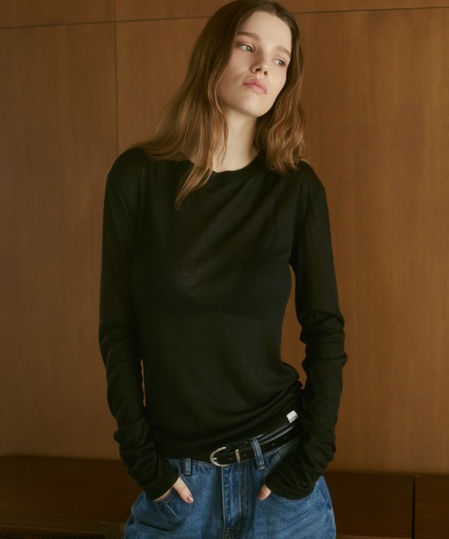 ELTONE(エルトーン)の「シアーリブロングスリーブトップス(Tシャツ/カットソー・レディース・ブルー/ブラック・FREE)」の1枚目の写真