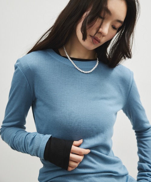 ELTONE(エルトーン)の「シアーリブロングスリーブトップス(Tシャツ/カットソー・レディース・ブルー/ブラック・FREE)」の8枚目の写真