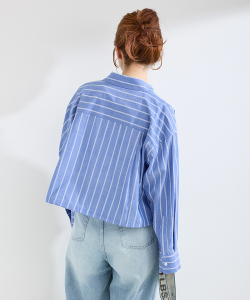 B.C STOCK(ベーセーストック)の「ウォッシャブル / クロップ丈ドロストシャツ(シャツ/ブラウス・レディース・ライトグレー/ピンク系その他/ブルー・FREE)」の4枚目の写真