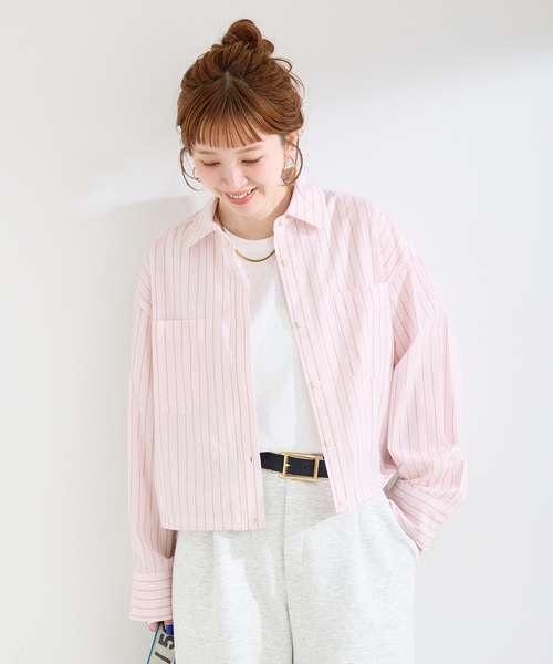 B.C STOCK(ベーセーストック)の「ウォッシャブル / クロップ丈ドロストシャツ(シャツ/ブラウス・レディース・ライトグレー/ピンク系その他/ブルー・FREE)」の8枚目の写真
