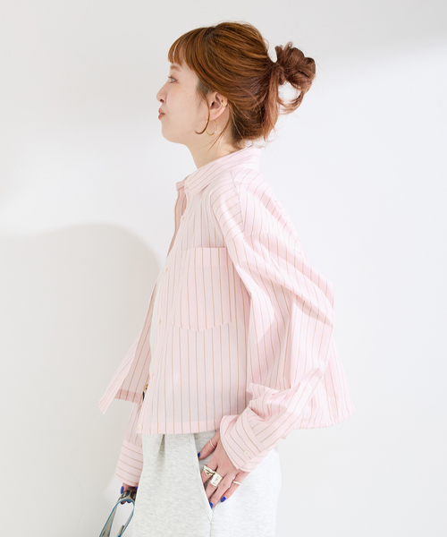 B.C STOCK(ベーセーストック)の「ウォッシャブル / クロップ丈ドロストシャツ(シャツ/ブラウス・レディース・ライトグレー/ピンク系その他/ブルー・FREE)」の9枚目の写真