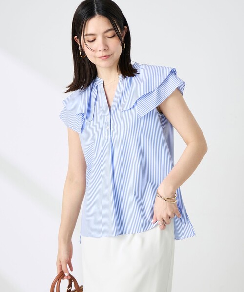 NOLLEY’S(ノーリーズ)の「ウォッシャブルダブルフリルキーネックブラウス(シャツ/ブラウス・レディース・ブルー系その他3/チャコールグレー/パープル系その他3・38)」の1枚目の写真
