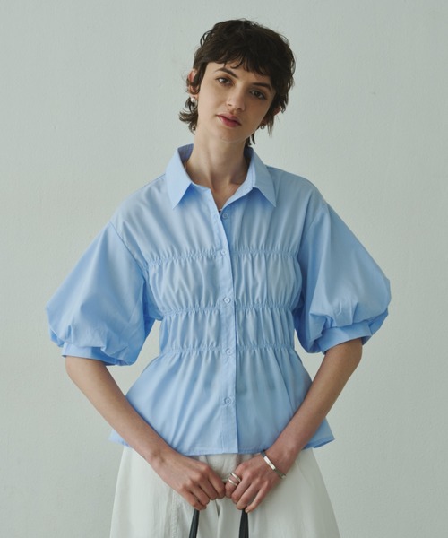Plumel(プルメル)の「Volume Half Sleeve Shirring Shirt / ボリュームハーフスリーブシャーリングシャツ(シャツ/ブラウス・レディース・サックスブルー/オフホワイト・MEDIUM)」の21枚目の写真