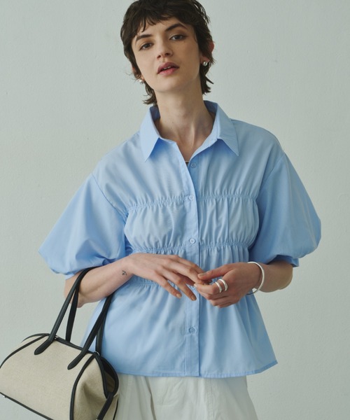 Plumel(プルメル)の「Volume Half Sleeve Shirring Shirt / ボリュームハーフスリーブシャーリングシャツ(シャツ/ブラウス・レディース・サックスブルー/オフホワイト・MEDIUM)」の20枚目の写真