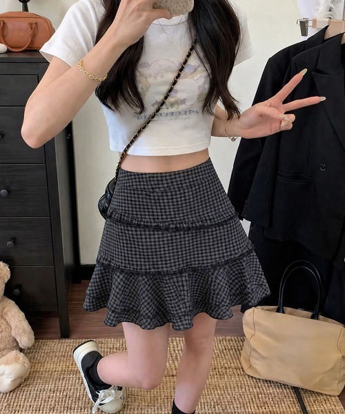 Miniministore（ミニミニストア）の「ミニティアードスカートギンガムチェック柄（スカート・レディース・ブラック×グレー・L/M/XL/S）」の6枚目の写真