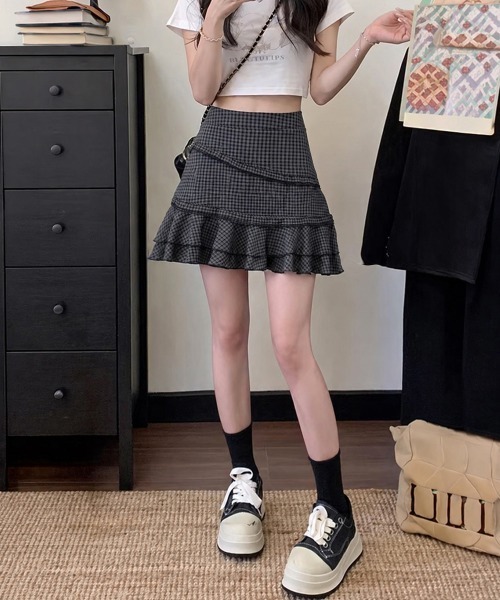 Miniministore（ミニミニストア）の「ミニティアードスカートギンガムチェック柄（スカート・レディース・ブラック×グレー・L/M/XL/S）」の8枚目の写真