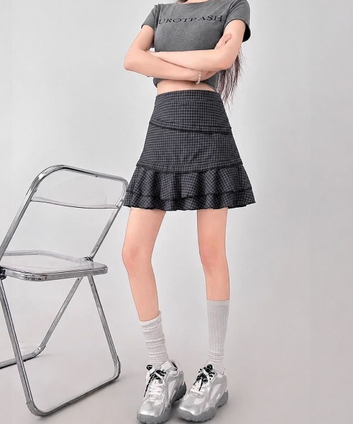 Miniministore（ミニミニストア）の「ミニティアードスカートギンガムチェック柄（スカート・レディース・ブラック×グレー・L/M/XL/S）」の13枚目の写真