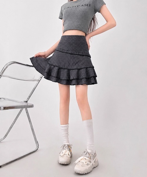Miniministore（ミニミニストア）の「ミニティアードスカートギンガムチェック柄（スカート・レディース・ブラック×グレー・L/M/XL/S）」の14枚目の写真