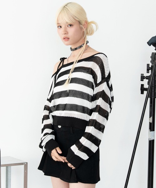 WEGO(ウィゴー)の「WEGO/【26年春夏新作】ワンショルメッシュニット(ニット/セーター・レディース・ブラック/ホワイト系その他5・FREE)」の1枚目の写真