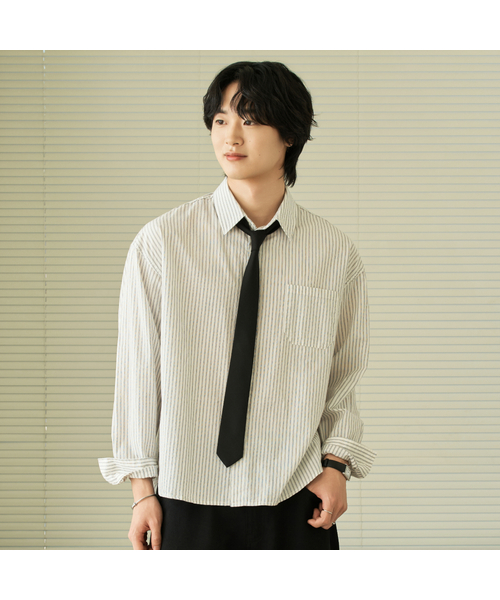 HYOJI(ヒョージ)の「26 SS セミクロップライトウェイトストライプシャツ (5カラー)(シャツ/ブラウス・メンズ・ネイビー/ホワイト/スカイブルー/チャコール/ブラック・S/XL/L/M)」の2枚目の写真