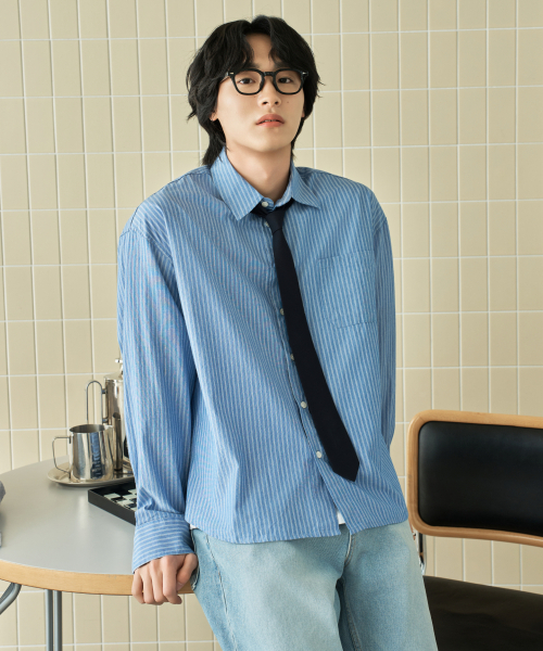 HYOJI(ヒョージ)の「26 SS セミクロップライトウェイトストライプシャツ (5カラー)(シャツ/ブラウス・メンズ・ネイビー/ホワイト/スカイブルー/チャコール/ブラック・S/XL/L/M)」の19枚目の写真