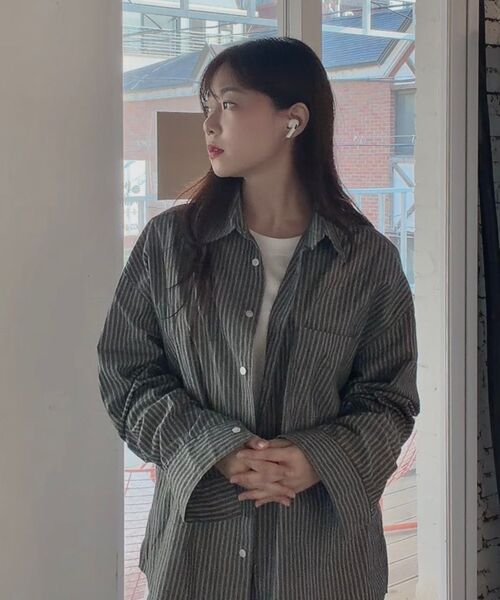 HYOJI(ヒョージ)の「26 SS セミクロップライトウェイトストライプシャツ (5カラー)(シャツ/ブラウス・メンズ・ネイビー/ホワイト/スカイブルー/チャコール/ブラック・S/XL/L/M)」の12枚目の写真
