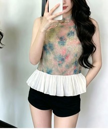 水彩プリントチャイナネックペプラムノースリーブブラウス