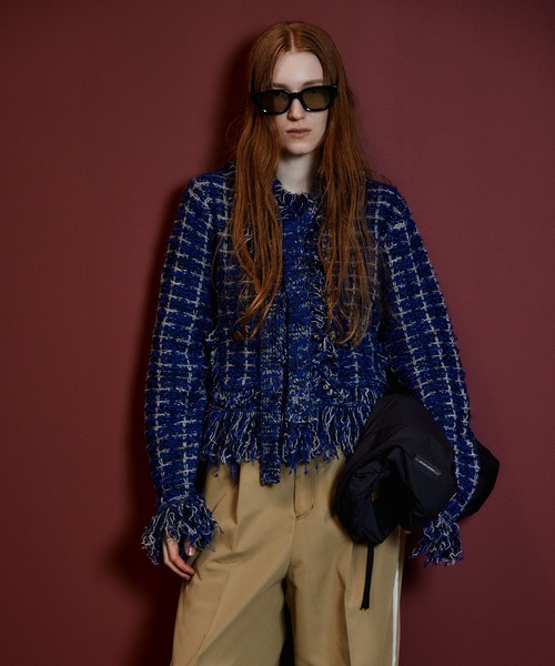 René モヘア混　ツイードニットカーディガン　スパンコール　日本製　ネイビー 2026Autumn PRE-ORDER】Fringe Tweed Knit Cardigan/フリンジツイード