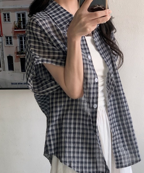 MAISON DE THERESE(メゾン ド テレーズ)の「新作 韓国ファッション チェック柄半袖シャツ レディース 袖まくり可能(シャツ/ブラウス・レディース・White/Black/PINK・FREE)」の18枚目の写真