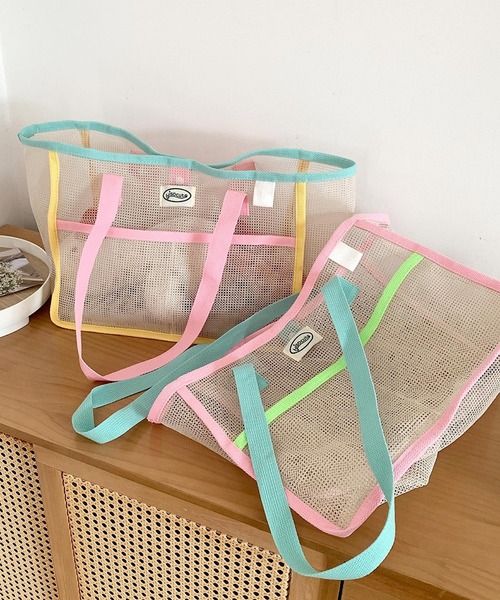 TONE SELECT GOODS（トーンセレクトグッズ）の「urbanfemine./メッシュ トートバッグ レディース 大容量 軽量 肩掛け ビーチバッグ プールバッグ U7641（トートバッグ・レディース・イエロー/ピンク・FREE）」の10枚目の写真