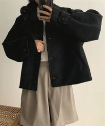 袖タブデザイン ショート丈 ウール調ステンカラーコート