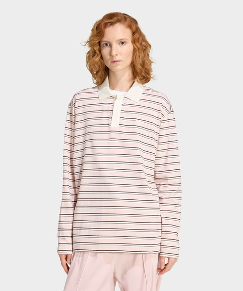 Chick（チック）の「adidas/アディダス STRIPED OVZD LS POLO SHIRT ストライプ トレフォイルロゴ カットソー ポロシャツ マルチボーダー ラガーシャツ 2026年 夏 夏服（ポロシャツ・レディース・ピンク・M）」の2枚目の写真