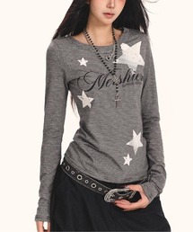 ボーダー柄前プリントロングTシャツ