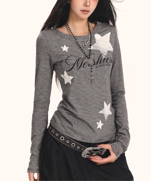 GEMEDA(ジェメダ)の「ボーダー柄前プリントロングTシャツ(Tシャツ/カットソー・レディース・ブラック・M)」の1枚目の写真