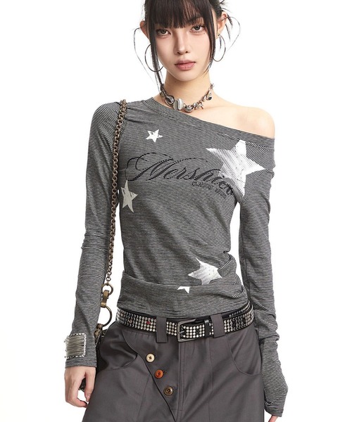 GEMEDA(ジェメダ)の「ボーダー柄前プリントロングTシャツ(Tシャツ/カットソー・レディース・ブラック・M)」の5枚目の写真