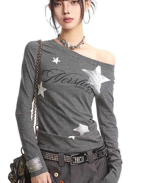 GEMEDA(ジェメダ)の「ボーダー柄前プリントロングTシャツ(Tシャツ/カットソー・レディース・ブラック・M)」の7枚目の写真